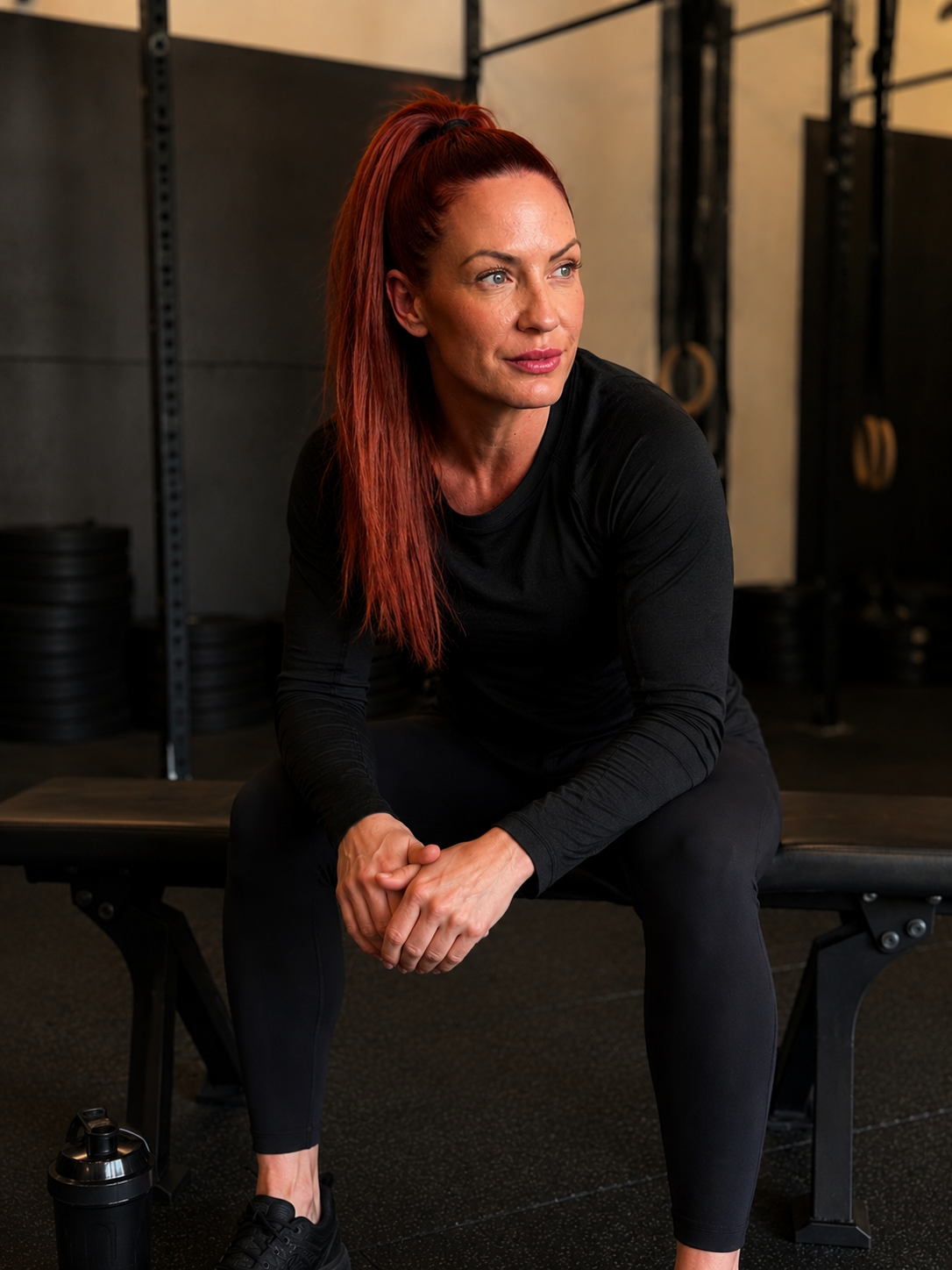 Jenny sitter på en bänk i gymmet